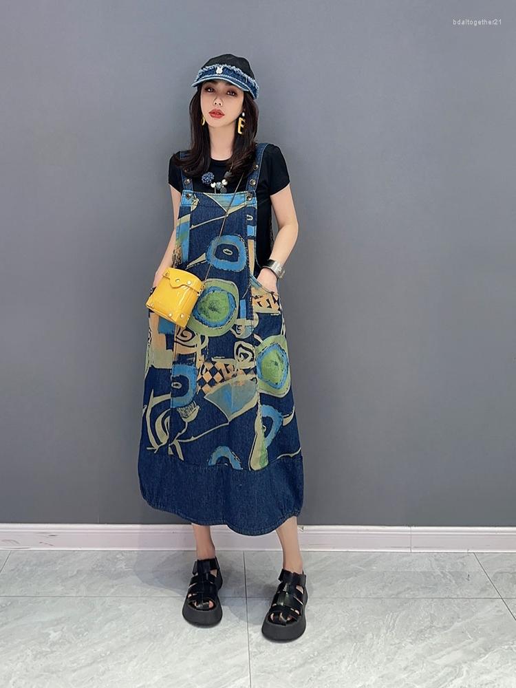 

Casual Dresses SuperAen 2023 Summer Denim Print Graffiti Single Piece Strap Pants A-LINE Streetwear Long Dress