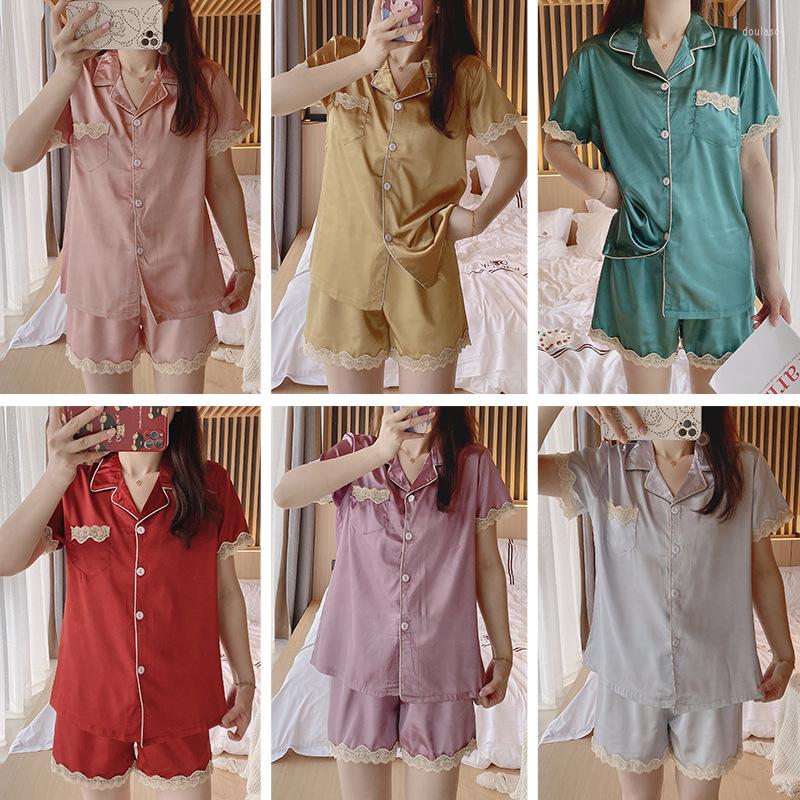 

Women's Sleepwear Summer Women Silk Pajama Set Luxury Short Sleeve Shorts Pure Color Lace Nightgown 6 Colors Homewear Suit