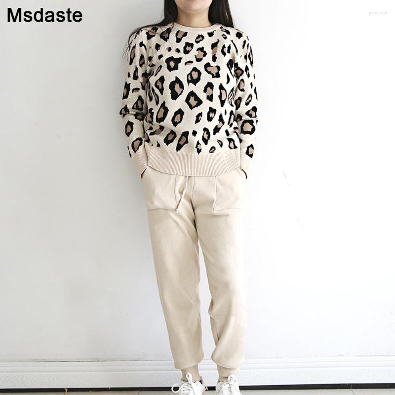

Women' Two Piece Pants Women Set Sweatsuits Knitted Suits Leopard Print Female Pullover Sweater Top Elastic Waist Pocket 2 Sets Tracksuit, Beige