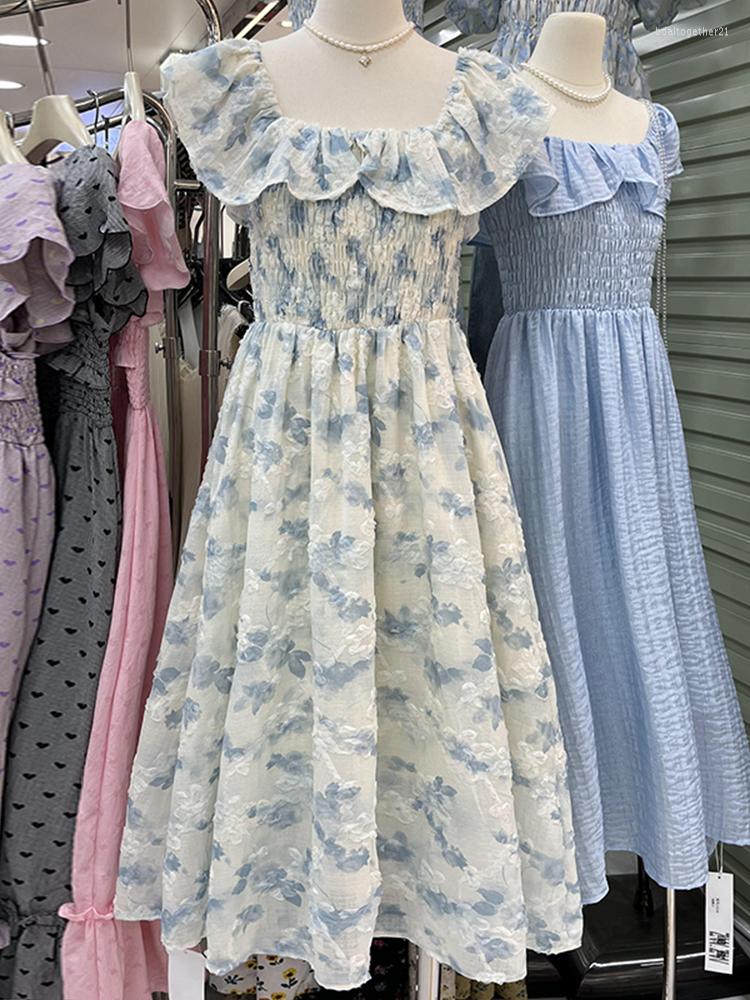 

Casual Dresses Korean Sweet Floral Dress For Women French Fashion Raglan Ruffles Sleeve Summer Square Collar Female Vestidos Dropship, Pink