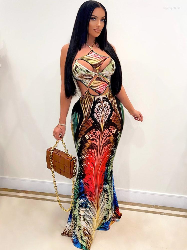 

Casual Dresses Vintage Halter Neck Backless Print Mermaid Maxi Dress Women Sexy Off Shoulder Cut Out Front Party Clubwear Bodycon Club, Multi