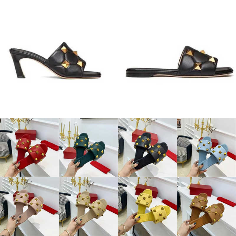 Roman Stud Slide Women Sandal High Heel Quilted Rivet Slides 65mm Flat Slippers Top Quality Ladies Sheepskin-image-874322475