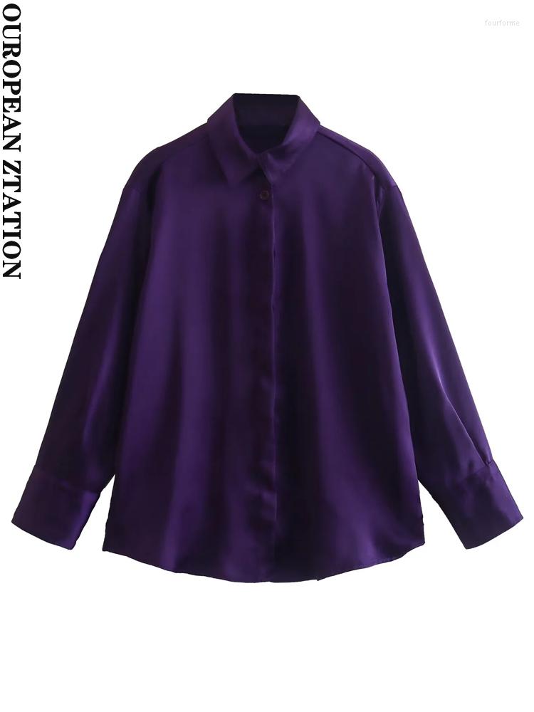 

Women's Blouses PAILETE Women 2023 Fashion Front Button Satin Shirts Vintage Lapel Collar Long Sleeve Female Blusas Chic Tops, Picture color