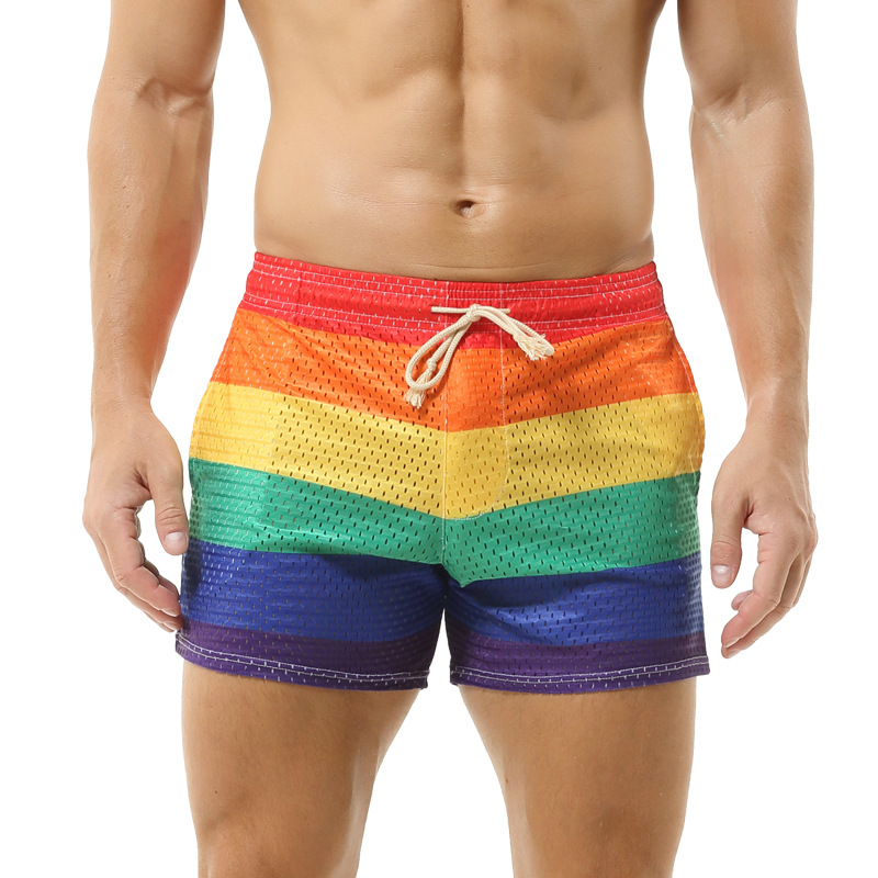 

Men' Shorts Rainbow Men' Pants Lanyard Hollowed Out Breathable Thin Style Loose Fashion Pocket Elastic Large Size Mid-Waist Sweatpants Men, Iridescent