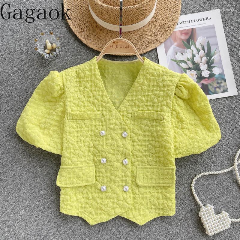 

Women's Blouses Gagaok Blouse Women 2023 Summer Solid V Neck Puff Sleeve Navel Shirts Office Lady Fashion Simple Streetwear, Pink