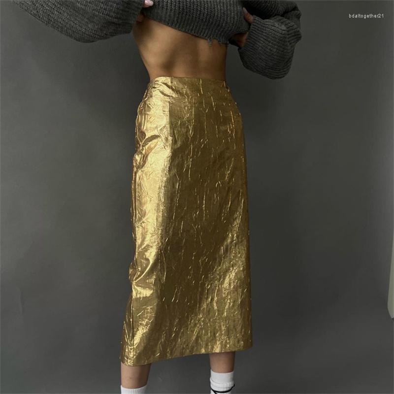 

Skirts Women Fashion Slim Gold Skirt Spring Lady Elegant Chic High Waist Midi Streetwear Vintage 2023 Female Clothing