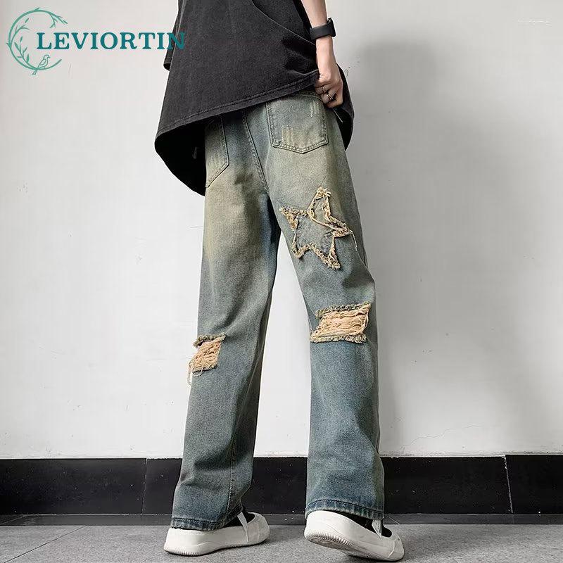 

Men' Jeans Y2K Streetwear Men' Vibe Pants Harajuku American Vintage Wash Hole Star Patchdesign Straight Loose Denim Trousers Unisex, Blue
