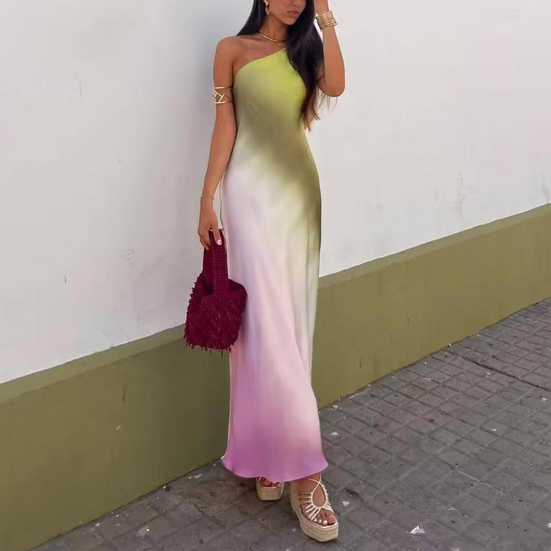 

Casual Dresses Woman Sweet Pink Tie-dye Skew Collar Long Dress 2023 Summer Female Elegant Asymmetrical Backless Ladies Print