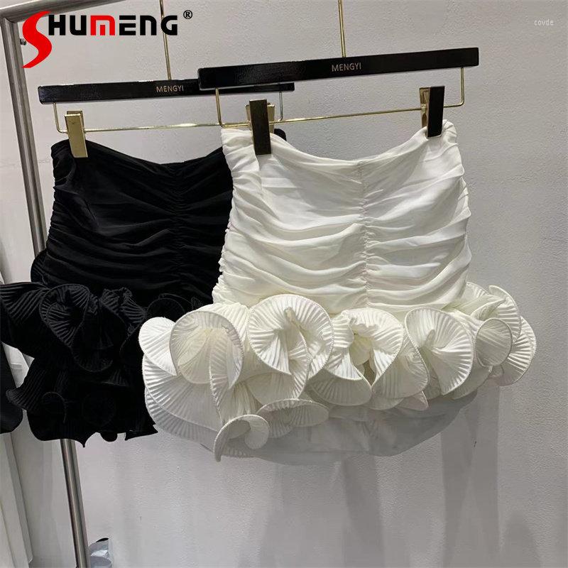 

Skirts Irregular Three-Dimensional Pleated Wavy Edge Short Skirt Women' High Waist Slimming Hip Mini Summer White Black