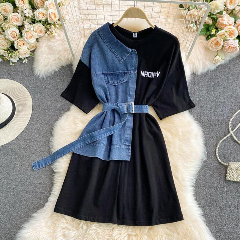 

Party Dresses Summer Fashion Round Neck Denim Splice Dress Slim Fit Short Sleeve Temperament Mid Length Irregular, Black