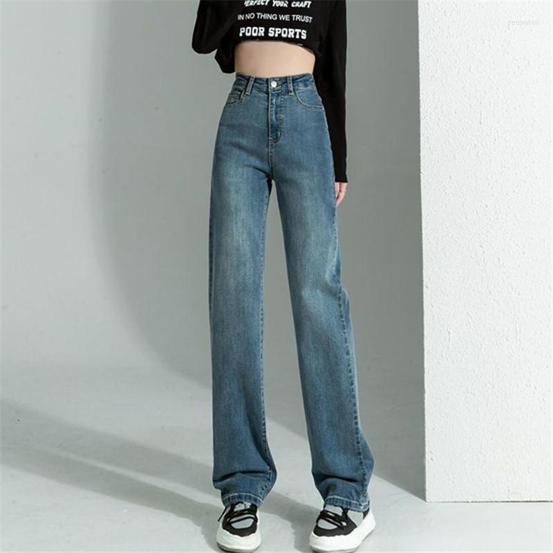 

Women' Jeans Vintage Women' Simple Solid Color Straight Leg Pants High Waist Button Pocket Loose Trousers Spring Female Clothing ZM150, Blue