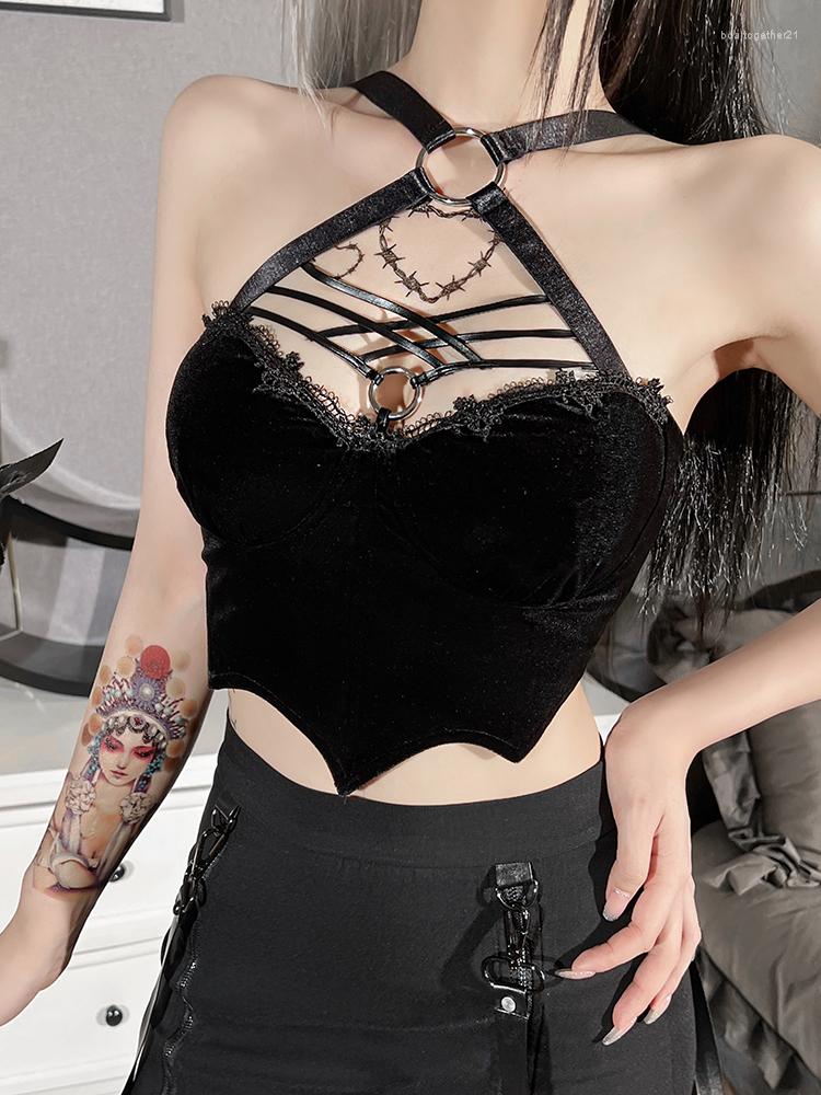 

Women' Tanks Gothic Bat Bandage Black Tops For Women Halter Velevt Hollow Out Vintage Crop Top Backless Y2k Night Culb Fairy Grunge Vest