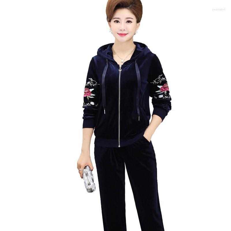 

Women's Two Piece Pants 5XL Gold Velvet Sports Suit Women's Set High Quality Mother Clothing Retro Embroidery Flowers Casual Sportswear, Wine red 2 piece