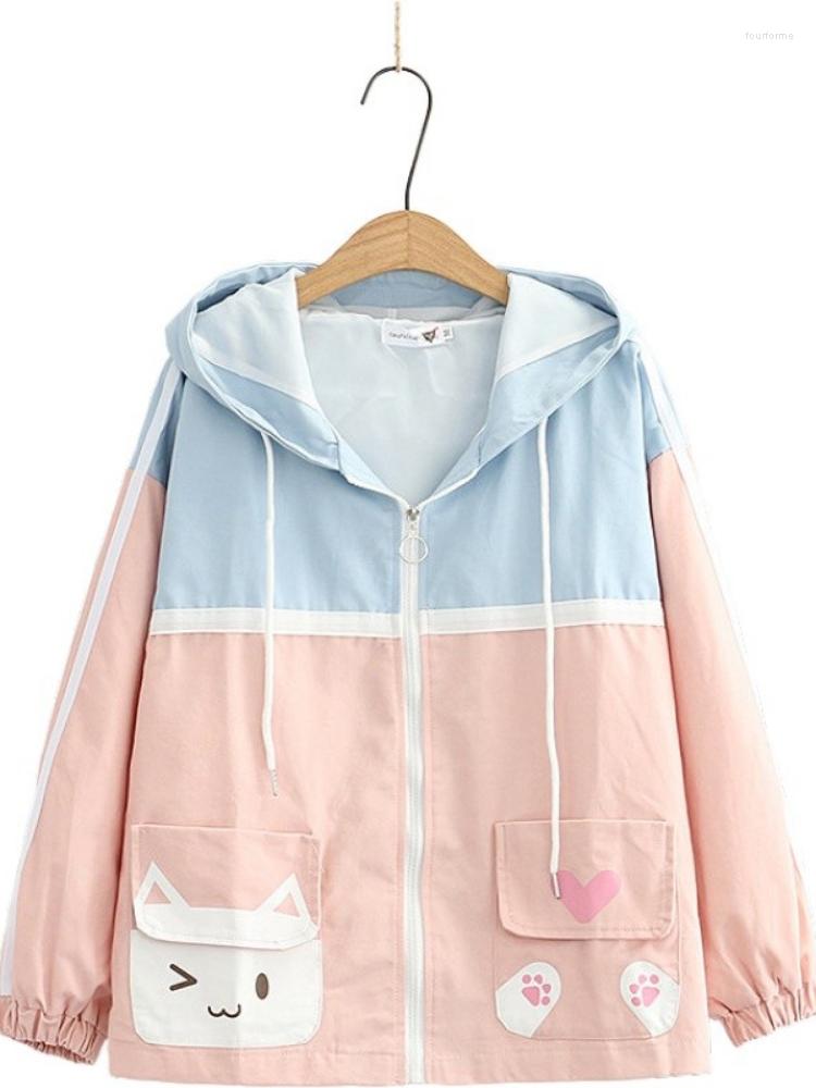 

Women's Jackets Women Zipper Hooded Coat Cartoon Print Pure Pocket Jacket Korean Style Ladies Basic Outwears 2023 Autumn Winter Clothes, Pink