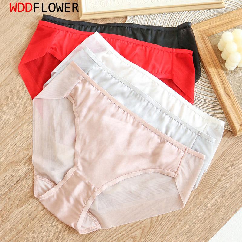 

Women' Panties Women Silk 3pcs/lot Natural Lining Sexy Transparent Back Mid-rise Briefs Underwear Lingerie  M L XL TA007, 3 random colors