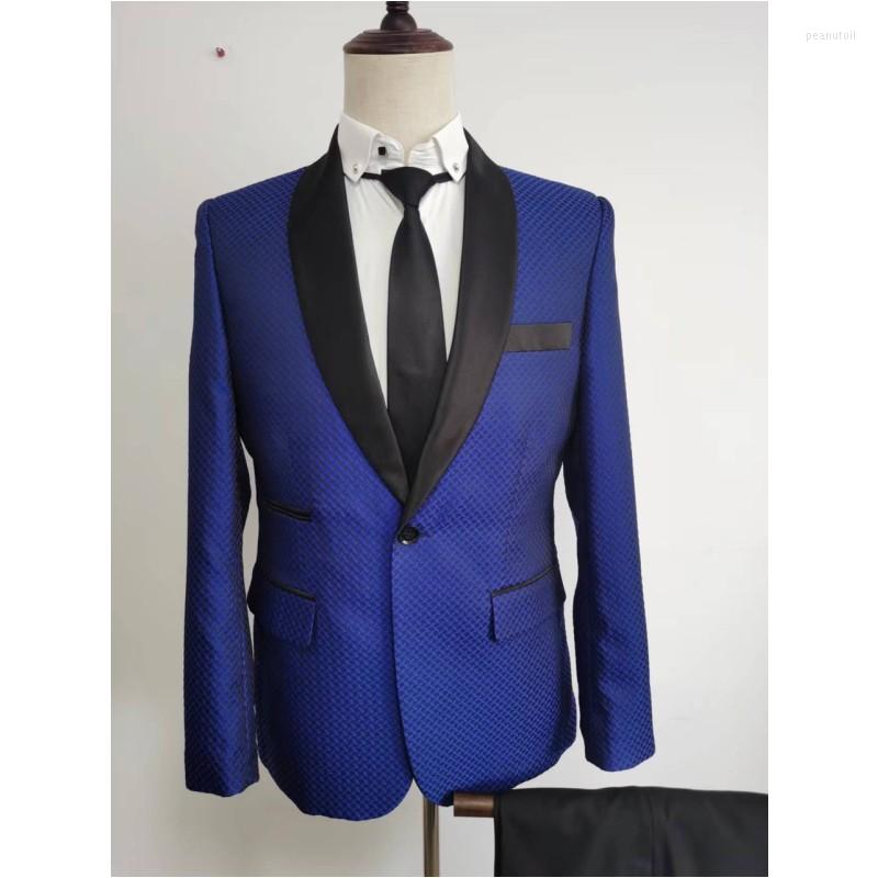 

Men's Suits Fashion Blue Pattern Print Black Shawl Lapel Men Tuxedos Groom Bespoke Party Blazer Dress Wedding Wear Outfits 2 Pieces, Picture shown