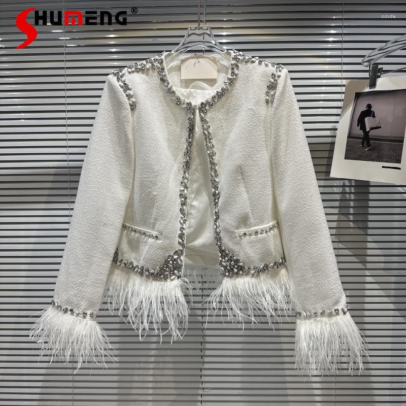 

Women' Jackets 2023 Winter Ladies Fashion Classic Style Elegant Short Jacket Women' Streetwear Ostrich Feather Rhinestone Patchwork, White