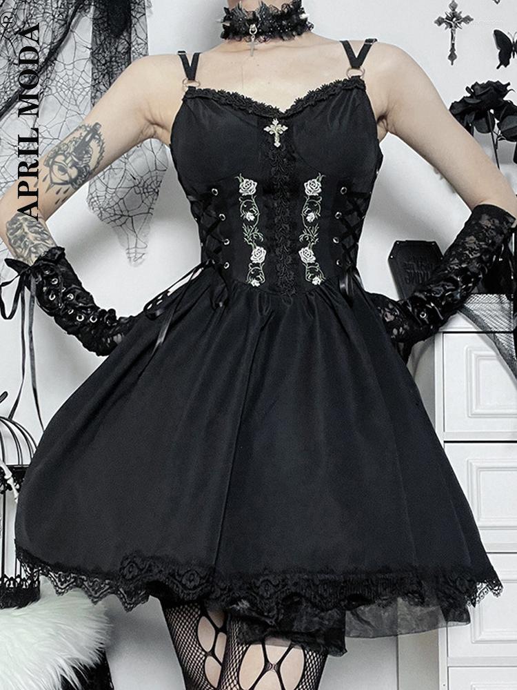 

Casual Dresses Bandage Corset Swing Dress Lace Up Waist Spaghetti Straps Black Retro Vintage Lolita Evening Gowns High Gothic Sundress