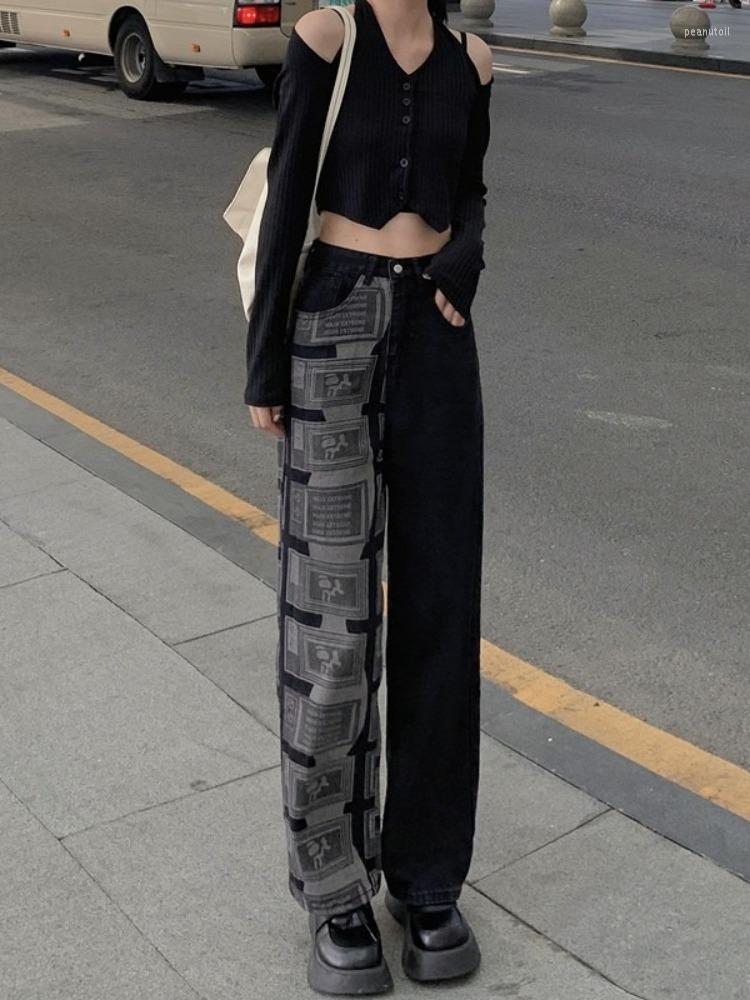 

Women' Jeans Black High Waist Women' Straight Baggy Harajuku Patchwork Streetwear Printing Korean Fashion Denim Trouser Wide Leg Pants