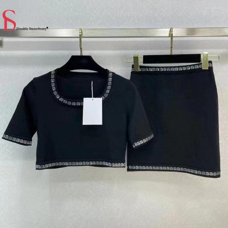 

Work Dresses Summer Women's A Letter Rhinestone Diamond Contrast Short Sleeve Crop Top Hip Wrap Skirt Knit Set, Black