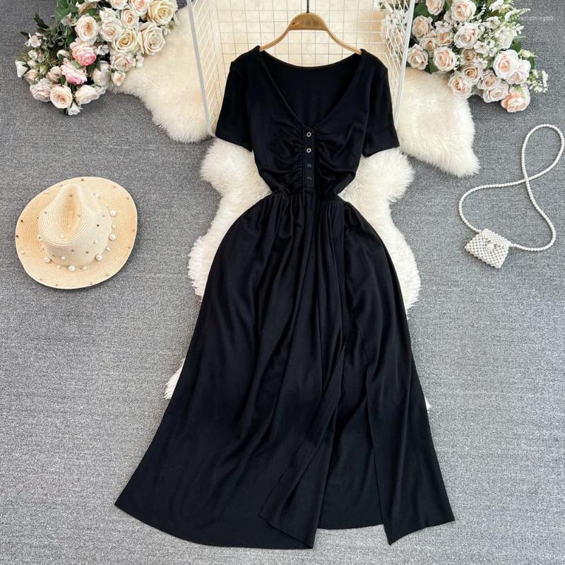 

Party Dresses 2023 Summer Vintage Women Black Dress Temperament V Neck Short Sleeve Skinny Slit A-Line Solid Color Simple Female
