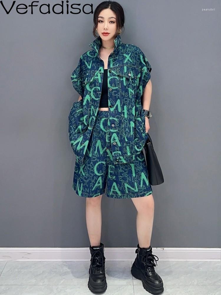 

Women's Tracksuits Vefadisa 2023 Summer Korean Fashion Letter Denim Sleeveless Vest Coat Casual Capris Two Piece Set Women Green ZXF096B