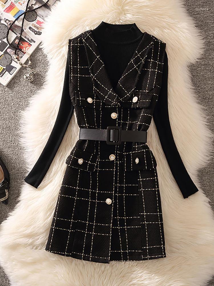

Women' Vests Fitshinling 2023 Autumn Winter 2 Piece Matching Sets Vest Sweater Suits With Sashes Buttons Slim Streetwear Fashion Chaleco, Black vest