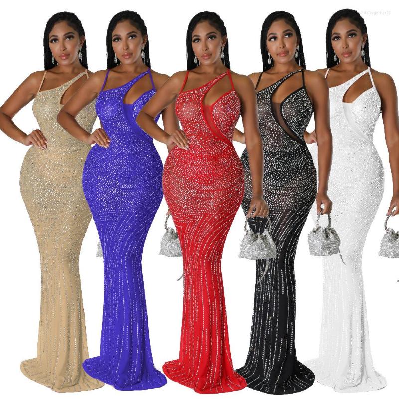 

Casual Dresses Elegant Diamond Rhinestone Sheer Evening Prom Floor Length Dress Women Outfits Sexy See Through Party Club Suspenders, Black