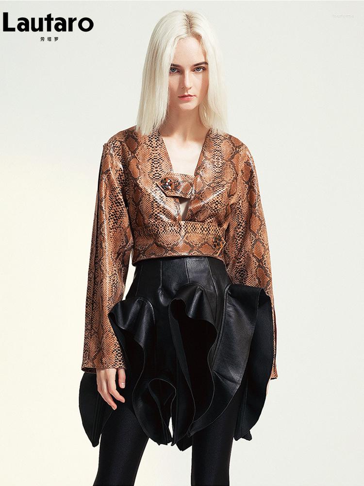 

Women' Leather Lautaro Spring Autumn Cool Short Shiny Snakeskin Patent Pu Jacket Women With Deep V Neck Retro Female Streetwear 2023, Boa constrictor