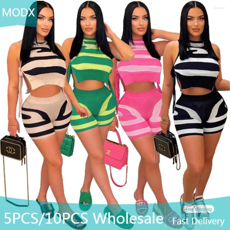 

Women's Tracksuits 5/10sets Wholesale Outfits Shorts Sets Sexy Two-piece Set Women Summer Sleeveless Bodycon Fashion Tank Striped Casual, 5sets mix color