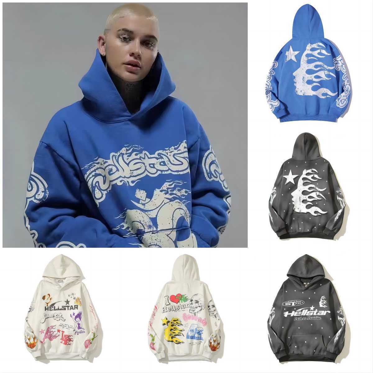 

High Street Hellstar Fleece Mens Hooded Hoodies Harajuku Stranger Things Oversize Loose Sweatshirts Loose Hip Hop Hoody, Blue