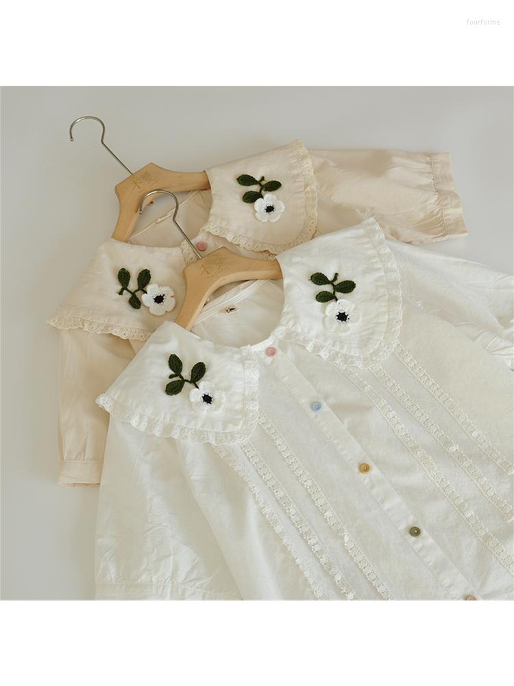 

Women's Blouses Lamtrip Unique Knitted Flowers Stitch Lace Decorated Cotton White Short Sleeve Loose Mori Girl Shirt Blouse 2023 Summer, Beige