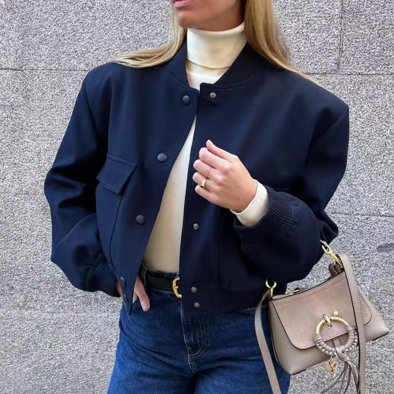 

Women' Jackets Fashion For Women 2023 Spring Autumn Outerwears O Neck Long Sleeve With Pockets Decoration Ladies Chic Coats, Black