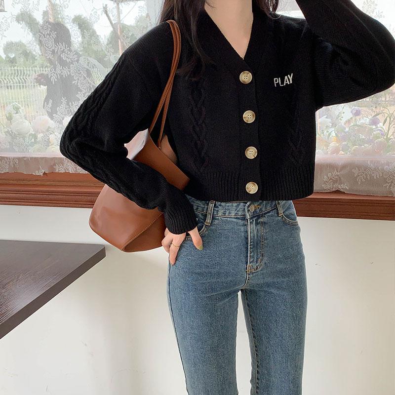 

Women's Knits Spring 2023 Winter Woman Sweaters Harajuku Korean Fashion Vintage Sweet Embroidered Letter Button Knitted Cardigan Women, Black