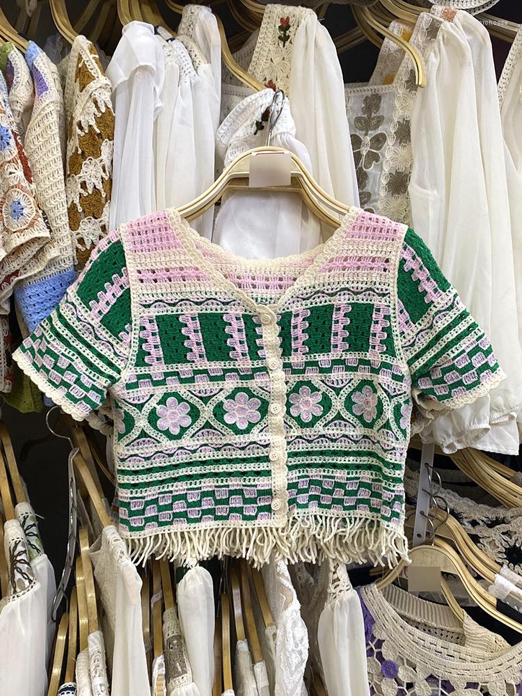 

Women's T Shirts Woman Summer Crochet Tops Corset For Women Femme V-neck Short Sleeve Tassel Crop Top Knit Kawaii Clothes Drop