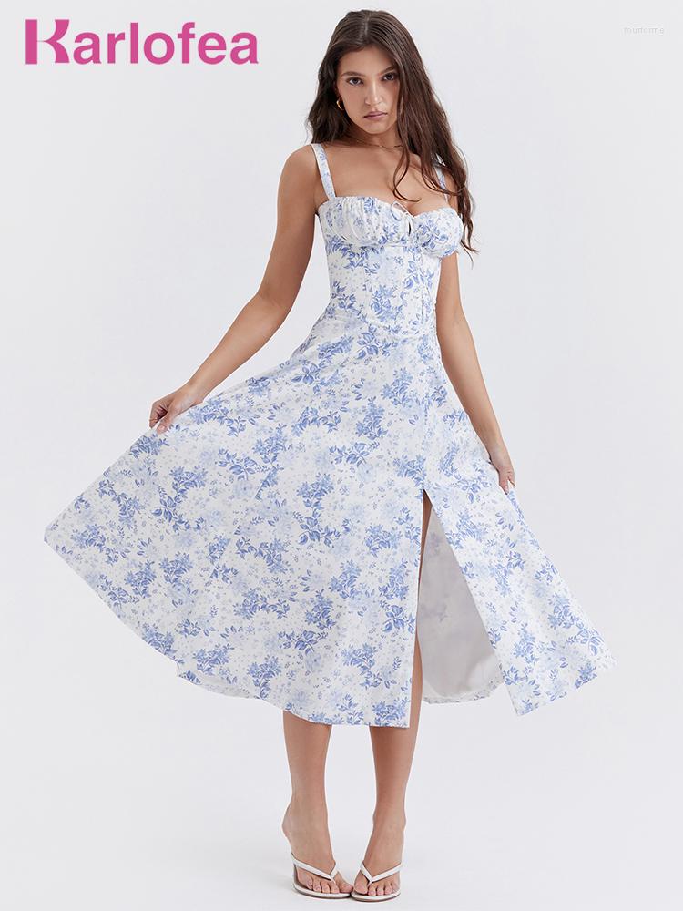 

Casual Dresses Karlofea Women Sweet Midi Dress 2023 Beach Vacation Party Rave Outfits Chic Back Lace Up Summer Floral Print Sundress, Navy