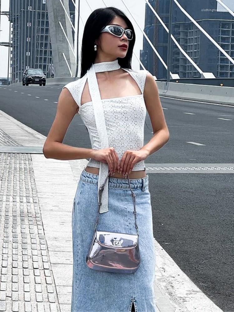 

Women's T Shirts Sexy Hollow Out For Women Hanging Neck White Top Sleeveless Thin Aesthetic Clothes Short Office Lady Ropa De Mujer, White white top