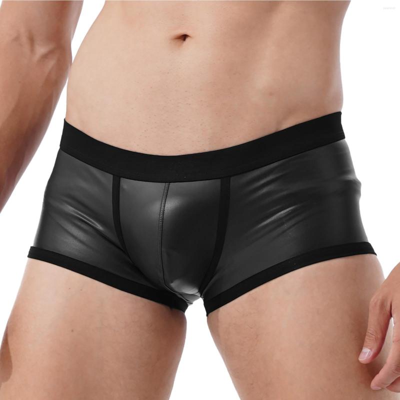 

Men' Shorts Mens Sports Faux Leather Boxer Low Waist Swimming Trunks Swimwear Bulge Pouch Elastic Waistband Underpants, Black
