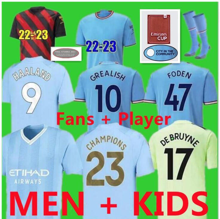 

23 24 HAALAND ALVAREZ soccer jerseys FA champions CUP GREALISH DE BRUYNE FODEN MAHREZ BERNARDO 2023 2024 MANS cities football shirts men kids kit fans player version, 22/23