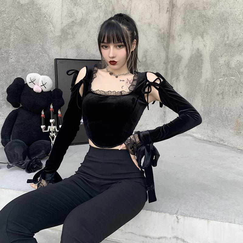 

Women' T Shirts 2023 For Women Korean Lace Sexy Patchwork Knit Hedging Tshirts V-neck Long Sleeve Slim Fit Tees Fashion Temperament Tops, Black
