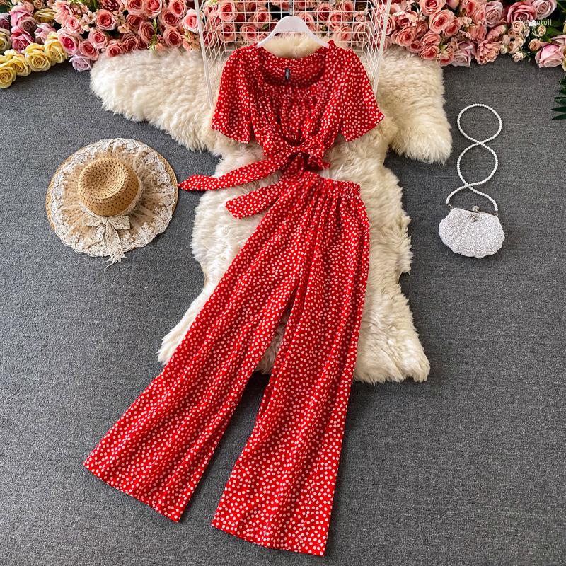 

Women's Two Piece Pants Chic Summer Sets Womens Outifits Floral Print Square Collar Lace-up Crop Top High Waist Wide Leg Drop, Red