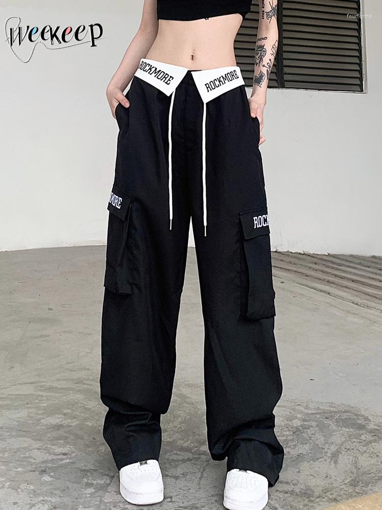 

Women' Pants Weekeep Baggy Black Cargo Chic Letter Print Patchwork Pocket Sweatpants Streetwear Y2k Hippie Trousers Korean 2023