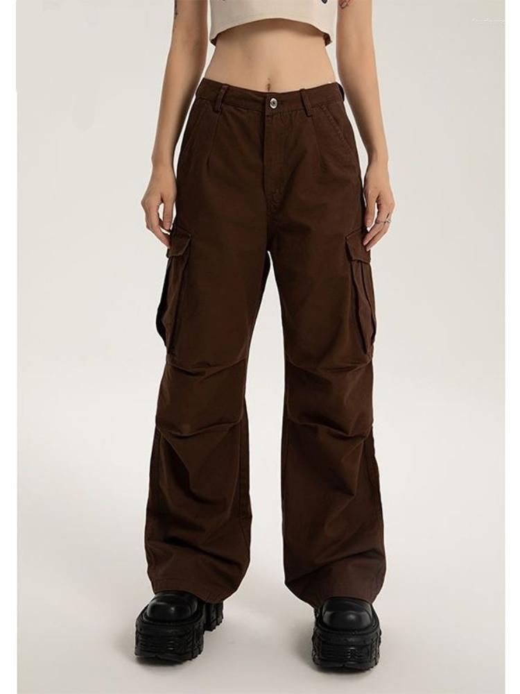 

Women' Pants HOUZHOU Y2K Vintage Brown Wide Leg Cargo Women Harajuku 90s Streetwear Oversize Pockets Retro High Waist Trousers Female