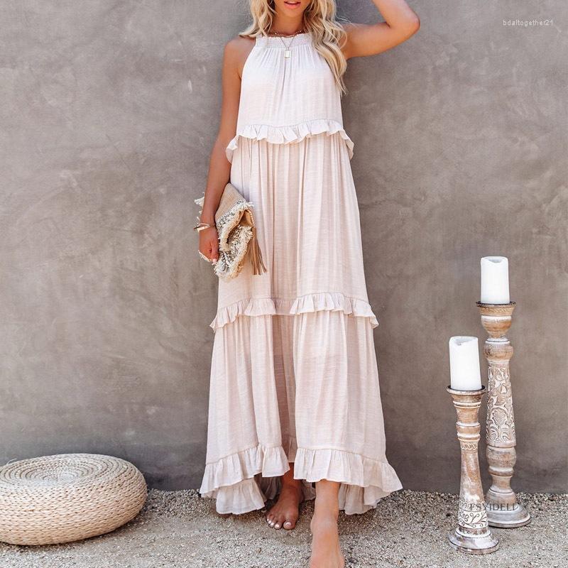 

Casual Dresses Summer Women Solid Long Loose Sleeveless Hollow Tie-Up Dress Female Beach Party Ruffle Maxi Elegant Robe, Purple