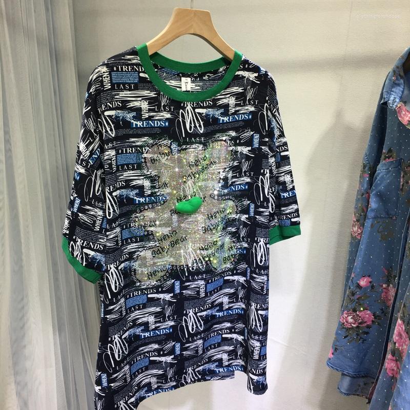 

Women's T Shirts Blingbling Drilling Feminine Tshirts Cute Bear Loose Chiffon Top 2023 Summer All-match Mid-long Letters Short Sleeve Tee, Black