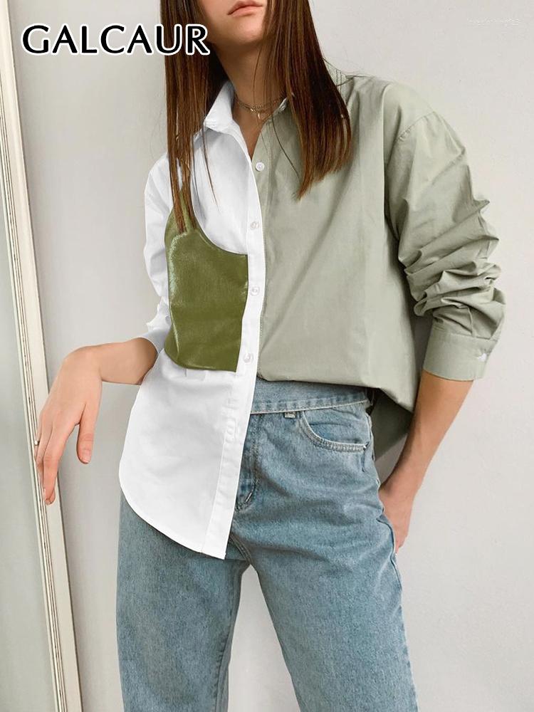 

Women' Blouses GALCAUR Asymmetrical Colorblock Shirts For Women Lapel Long Sleeve Single Breasted Casual Loose Folds Female Spring, Aspicture