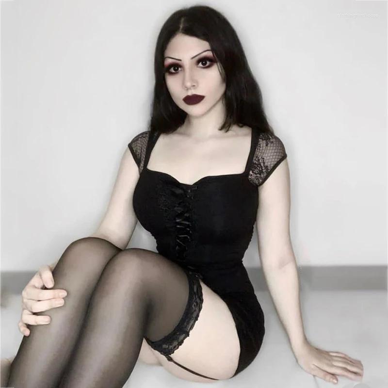 

Women' T Shirts Vintage Tops Goth T-shirt Women Bodycon Bandage Lace Black T-shirts Gothic Streetwear Sexy Female Top Casual Mesh Tee