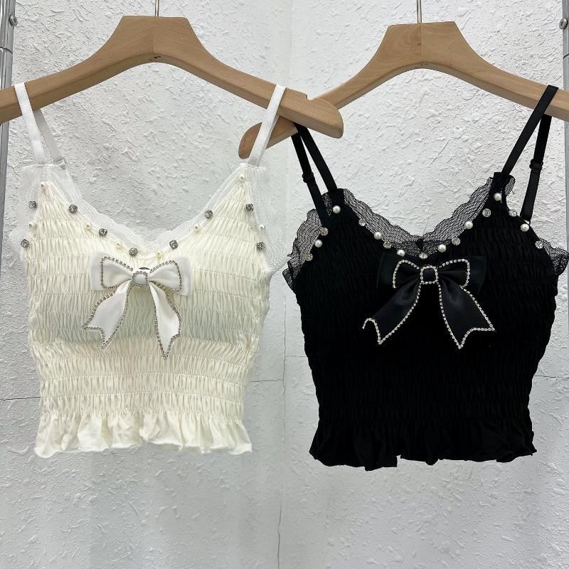 

Women's Tanks 2023 Spring/Summer Women's Hanging Strap Beading Lace Edge Bow V-Neck Tank Tops Fashion Solid Short Wrap Chest, Black