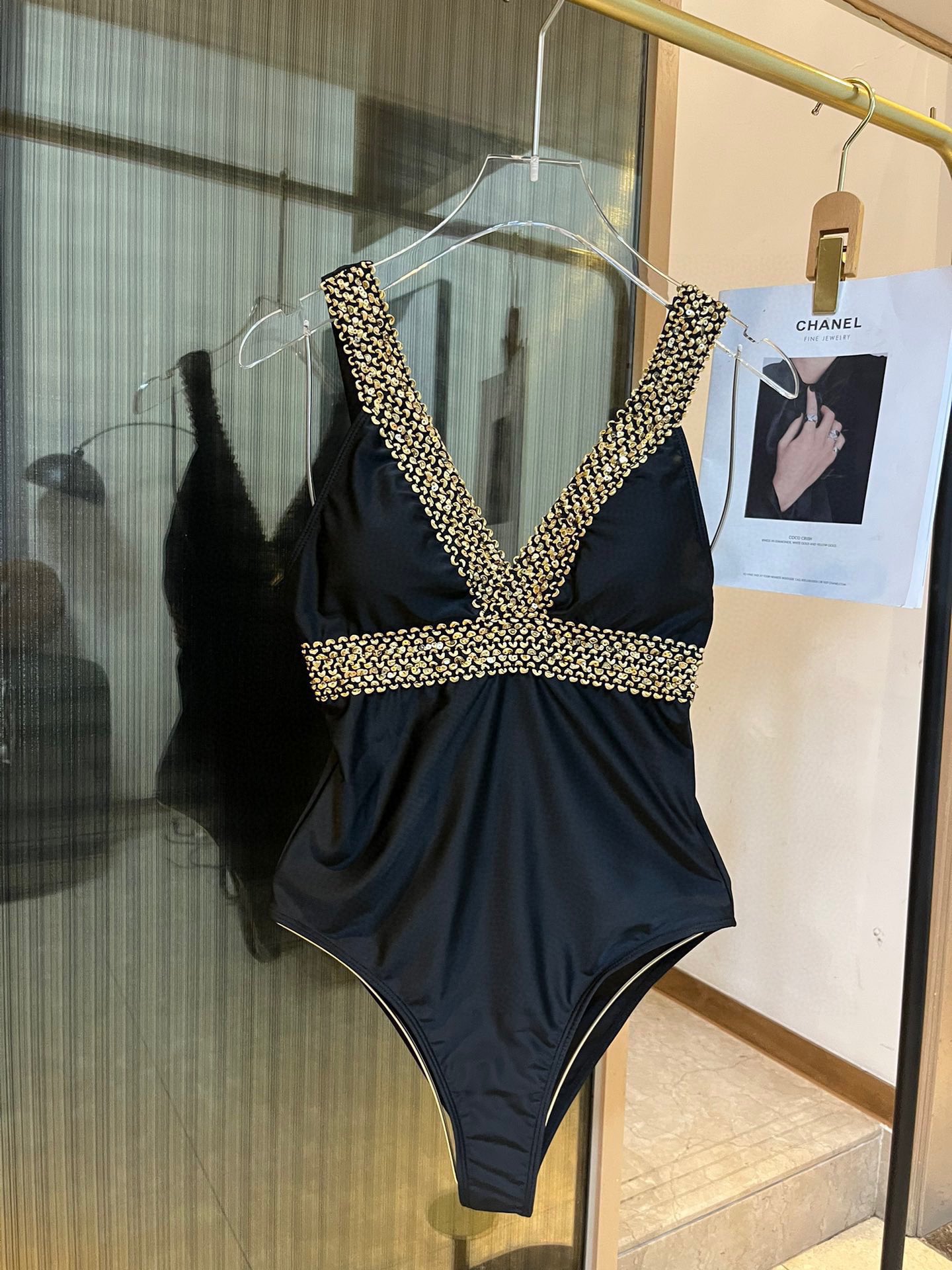 

Luxury designer gold glitter decoration one piece swimsuit, Black