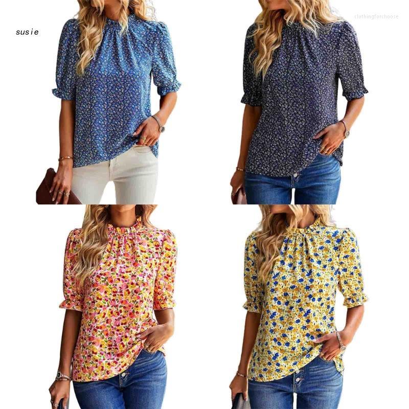 

Women' T Shirts X7YA Women Summer Puff Half Sleeve Frill Mock Neck Blouses Casual Loose Floral Print Keyhole Back Pullover Tunic Tops, Blue